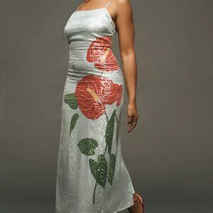 FARM Rio Sequin Blue Anthurium Flowers Midi Slip Dress